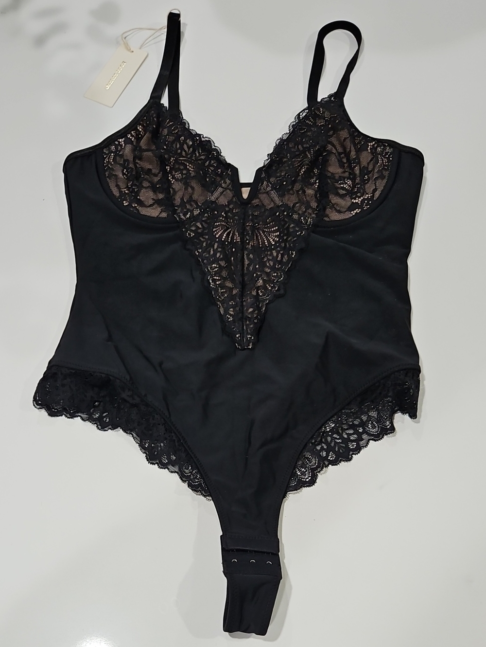 Black Lace Bodysuit with Sheer Lace Plunge EGCC STUDIO sz Med